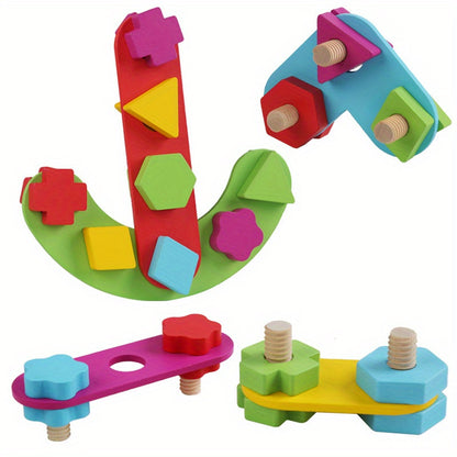 Wooden Nut & Bolt Building Set – Educational Shape Matching Puzzle for Kids